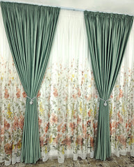 Set Leonard: perdea din voal model floral si draperie catifea 90% blackout verde menta