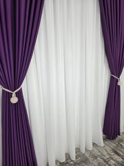 Colectia Blackout: Perdea Alba din Voal Premium Jorjet si Draperie Mov Simpla Uni Tip Stofa Blackout 80%, cu Textura Plina si Cadere Grea – Potrivit cu Pat sau Canapea Mov, Gri, Crem ori Bej si Mobilier Alb, Crem sau Gri
