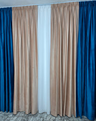 Draperie Catifea Bicolor Roz Pal cu Turcoaz Blackout 70-90% pentru Living si Dormitor cu Mobilier Crem si Lemn Natur, Confectionata la Comanda Casablanca Magazin