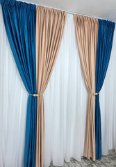 Draperie Catifea Bicolor Roz Pal cu Turcoaz Blackout 70-90% pentru Living si Dormitor cu Mobilier Crem si Lemn Natur, Confectionata la Comanda Casablanca Magazin