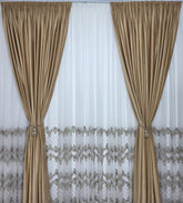 Set Pixi: perdea bamboo cu broderie si draperie catifea crem-miere