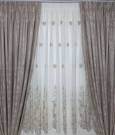 Set Liliana:pentru dormitor sau bucatarie sau hol in Nuante de Bej, Crem si Alb - Perdea Tip In cu Broderie MARO si Draperie Bej-CREM Tip Vopsea Decorativa - Confectionat pe Comanda