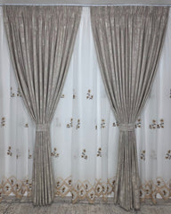 Set Arcana:pentru dormitor sau bucatarie sau hol in Nuante de Bej, Crem si Alb - Perdea Tip In cu Broderie MARO si Draperie Bej-CREM Tip Vopsea Decorativa - Confectionat pe Comanda
