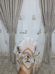 Set Arcana:pentru dormitor sau bucatarie sau hol in Nuante de Bej, Crem si Alb - Perdea Tip In cu Broderie MARO si Draperie Bej-CREM Tip Vopsea Decorativa - Confectionat pe Comanda