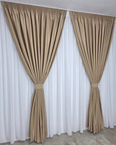 Set Heidi: Perdea Din Matase Alb Imaculat Nesifonabila Si Draperie Crem Mustar 80% Blackout