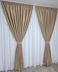 Set Heidi: Perdea Din Matase Alb Imaculat Nesifonabila Si Draperie Crem Mustar 80% Blackout