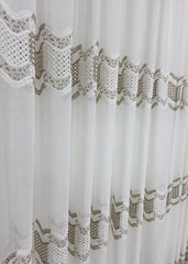 Ideala pentru living si dormitor cu pat sau canapea crem ori bej, pereti albi si mobilier crem sau maro - Perdea Minodora din Material Plin Crem cu Broderie Sparta Crem-Maro - confectionata pe comanda