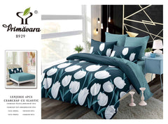 Lenjerie finet, turcoaz cu flori, cerceaf cu elastic 160/180x200, Cod: B929