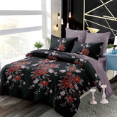 Lenjerie finet, negru model floral rosu, cerceaf cu elastic 160/180x200, Cod: B931