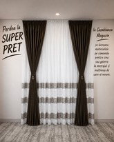 Set Rafaela – Perdea din In Cristal cu Benzi Capucino si Draperie Catifea Maro – ideal pentru livinguri cu canapele crem, bej sau cappuccino si mobilier maro sau lemn natur, confectionat pe comanda