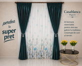 Set Emilia: Ideal pentru Livinguri si Dormitoare in Nuante de Verde, Gri, Albastru, Alb sau Crem - Perdea din Voal cu Model Floral Gri si Albastru si Draperie Catifea Verde - Confectionat pe Comanda