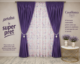 Set Gratiela: Perdea Din Voal Cu Model Floral Si Draperie Soft Mov Semi-Opaca