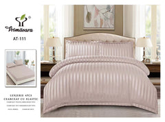 Lenjerie grej damasc pat dublu cearceaf cu elastic, 4 piese, AT-111