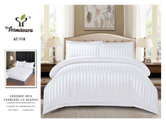 Lenjerie alba pat dublu cearceaf cu elastic, 4 piese, AT-118