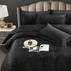 Lenjerie Neagra de Pat Dublu din Bumbac Damasc Premium Hotelier, 6 Piese, Cearceaf Elastic 180x200+30 cm – Pentru Saltele 160x200 si 180x200 – Ideala pentru Dormitoare Albe, Gri sau Negre