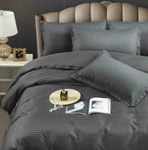 Lenjerie de Pat Dublu Damasc Hotelier cu Cearceaf Elastic, 6 Piese, 180x200+30 cm – Bumbac Damasc Premium pentru Saltele 160x200 și 180x200