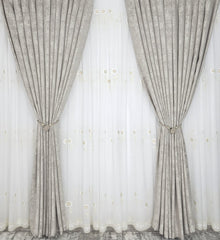 Set Ambra – Perdea din In si Draperie Bej Decorativa – ideal pentru livinguri si dormitoare naturale cu canapele crem, bej, gri deschis sau alb si mobilier lemn natur sau alb – confectionat pe comanda