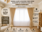 Stoc limitat*Set Cosmin: Perdea Alba Stil Rustic si Draperie Catifea Crem Blackout 90% – Ideal pentru Living si Dormitor in Nuanțe Crem, Bej si Lemn Natur
