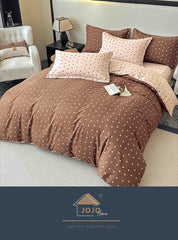 Lenjerie de pat dublu culoare crem-maro, bumbac finet, 6 piese,cearceaf cu elastic, pentru saltea de 160 sau 180