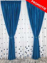 Set Liana: perdea alba din in cu buline turcoaz cu draperie catifea turcoaz