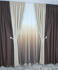 Set Leo: perdea bamboo in degrade maro si draperie blackout in doua culori crem-maro