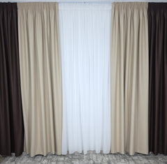 Draperie Leo Crem-Maro Blackout 90% – ideala pentru livinguri si dormitoare calde si elegante cu canapele crem, bej, cappuccino sau alb si mobilier lemn natur sau wenge – confectionata pe comanda