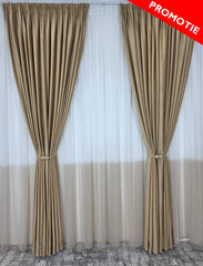 Set Marigold – Perdea din Borangic Alb-Capucino in Doua Tonuri si Draperie Catifea Crem-Miere – ideal pentru livinguri cu canapele crem, bej, cappuccino sau maro deschis si mobilier din lemn natur sau wenge – confectionat pe comanda