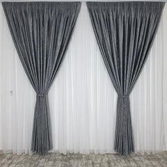 Colectia Pandantiv Gri Inchis: Set Recomandat pentru Camere in Nuante de Gri, Alb, Crem si Negru - Perdea Borangic Alba cu Sidef Argintiu si Draperie Catifea Gri Inchis pentru Living si Dormitor - Confectionat pe Comanda