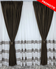 Set Rafaela – Perdea din In Cristal cu Benzi Capucino si Draperie Catifea Maro – ideal pentru livinguri cu canapele crem, bej sau cappuccino si mobilier maro sau lemn natur, confectionat pe comanda