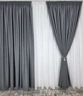 Set pentru Living si Dormitor in Nuante Alb, Gri si Crem - Colectia Blackout Varianta BTN24 Perdea Alba Voal Premium Jorjet si Draperie Gri Mediu