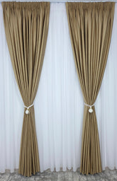 Colectia Linistea de Aur: Perdea voal premium si Draperie Rolex din catifea capucino cu sclipici auriu