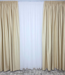 Colectia Linistea de Aur – Perdea Voal Alb Premium si Draperie Rolex Catifea Crem Auriu cu Sclipici Auriu – Ideal pentru Livinguri Elegante cu Canapele Crem, Mobilier Maro sau Decoruri Bej si Accente Aurii – Confectionat pe Comanda