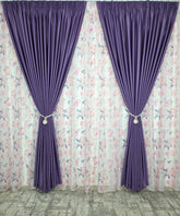 Set Gratiela: Perdea Din Voal Cu Model Floral Si Draperie Soft Mov Semi-Opaca