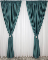 Colectia Linistea de Aur: Perdea voal alb premium si Draperie Rolex din catifea verde turcoaz cu sclipici auriu