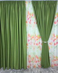 Superpret*Ideal pentru living si dormitor cu pat sau canapea verde olive, pereti albi si mobilier alb sau lemn natur - Set Primavara in Verde: Perdea din Voal cu Model Floral si Draperie Soft Verde Olive - confectionat pe comanda