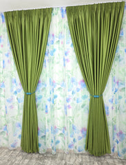 SuperPret*Ideal pentru living si dormitor cu pat sau canapea verde olive, pereti albi si mobilier alb sau lemn natur - Set Camp Verde: Perdea din Voal cu Model Floral si Draperie Soft Verde Olive - confectionat pe comanda