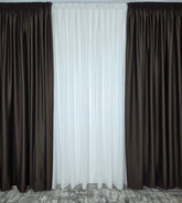 Colectia Blackout Varianta Btn12 Perdea Alba Voal Premium Jorjet si Draperie Maro Blackout 90-95% pentru Living si Dormitor in Nuante Crem, Bej si Lemn Natur