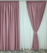 Set pentru Living si Dormitor in Nuante Crem, Roz Pudrat si Gri Deschis-Colectia Blackout Varianta BTN782 Perdea Alba Voal Premium Jorjet si Draperie Roz