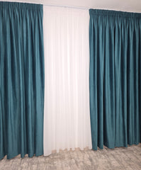 Set Amalfi: Perdea Voal Premium Si Draperie Catifea Verde-Turcoaz