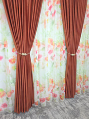 Set Petale in Cupru – Perdea din Voal cu Model Floral si Draperie Catifea Caramiziu – Ideal pentru Livinguri Calde cu Canapele Crem, Mobilier Maro sau Lemn Natur si Accente Cupru sau Auriu – Confectionat pe Comanda