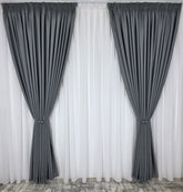 Colectia Blackout: Perdea Matase Alba Si Draperie Gri Mediu Blackout 98%