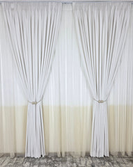 Set Dove – Perdea din Borangic Alb-Crem in Doua Tonuri si Draperie Catifea Alba – ideal pentru livinguri cu canapele crem, bej sau gri deschis si mobilier alb sau lemn natur, confectionat pe comanda
