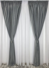 Set Lara: perdea alba sable si draperie catifea gri deschis