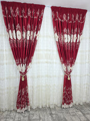 Set Sonia: Perdea Tul Cu Broderie Crem Si Draperie Catifea 3D Cu Broderie Rosie