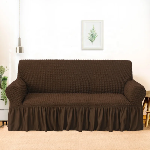 Husa canapea de 3 locuri, material creponat cu volan, culoare maro