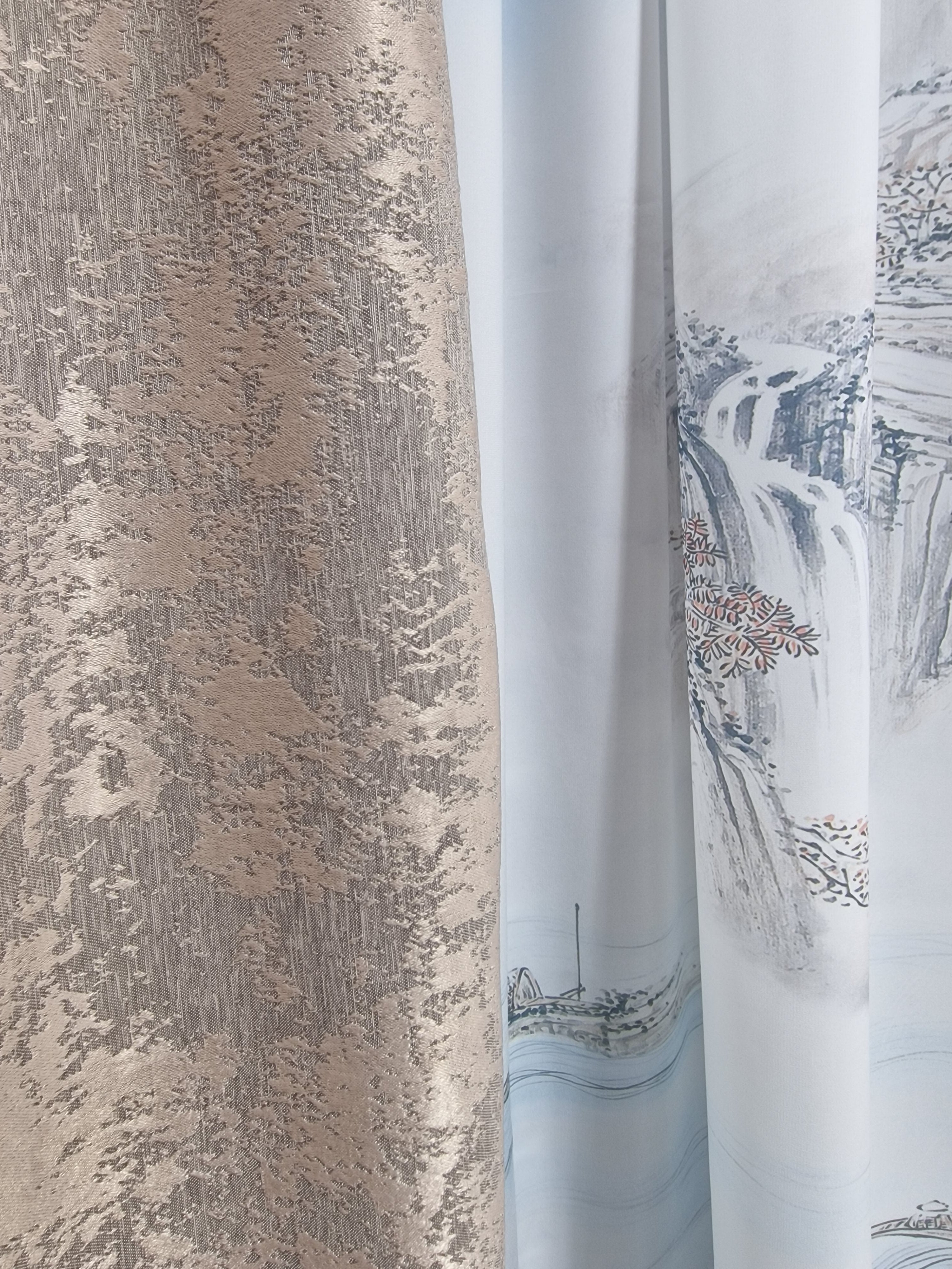 Set perdea din matase si draperie decorativa bej, model peisaj - CASABLANCA Set perdea din matase si draperie decorativa bej, model peisaj Casa Blanca Curtains & Drapes 460.00 CASABLANCA  CASABLANCA