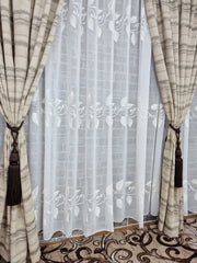 Set perdea din in cu flori albe cu draperie tafta crem-maro - CASABLANCA Set perdea din in cu flori albe cu draperie tafta crem-maro CASABLANCA  455.00 CASABLANCA  CASABLANCA