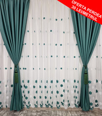 Set Doris: perdea daisy cu flori verde menta si draperie verde menta blackout 98%