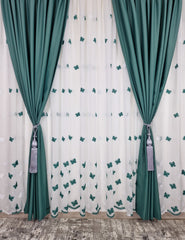 Perdea ieftina, preț avantajos, model fluturi verde menta, din material plin ca textura tip in