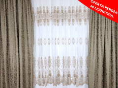 Set Paralia: perdea borangic cu broderie bej si draperie tip vopsea decorativa capucino